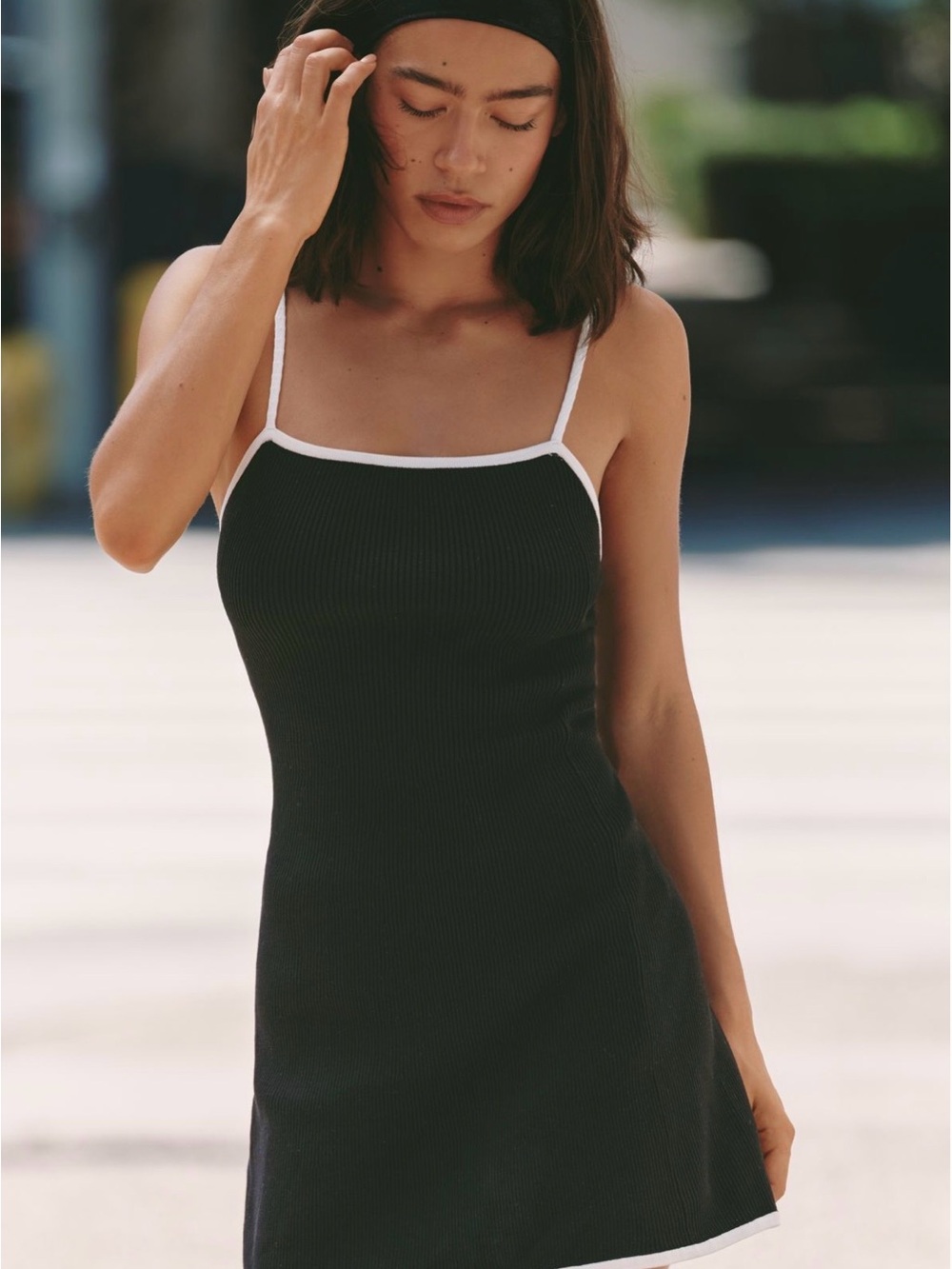Daily Practice Black Ribbed Slip Dress with White Trim